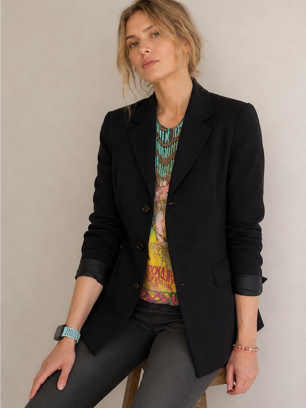 Ekol European Black Double Button Down Lightweight Silky Lined Blazer